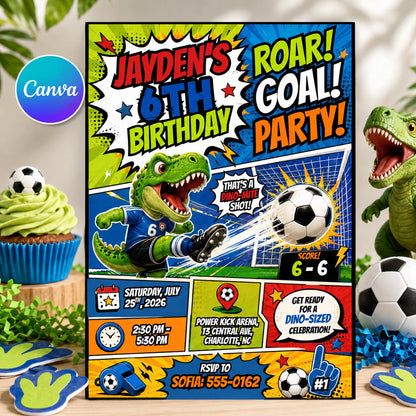 Comic Book Roar Goal Party 6th Birthday Invitation — editable Canva template