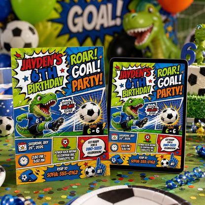 Comic Book Roar Goal Party 6th Birthday Invitation — dinosaur and library design
