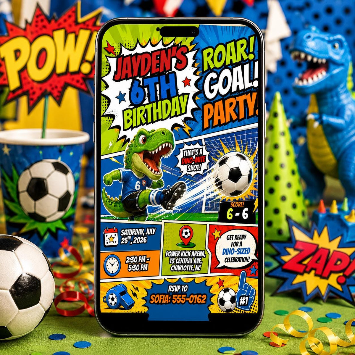 Comic Book Roar Goal Party 6th Birthday Invitation — print-ready 6th birthday party design from VoltBy