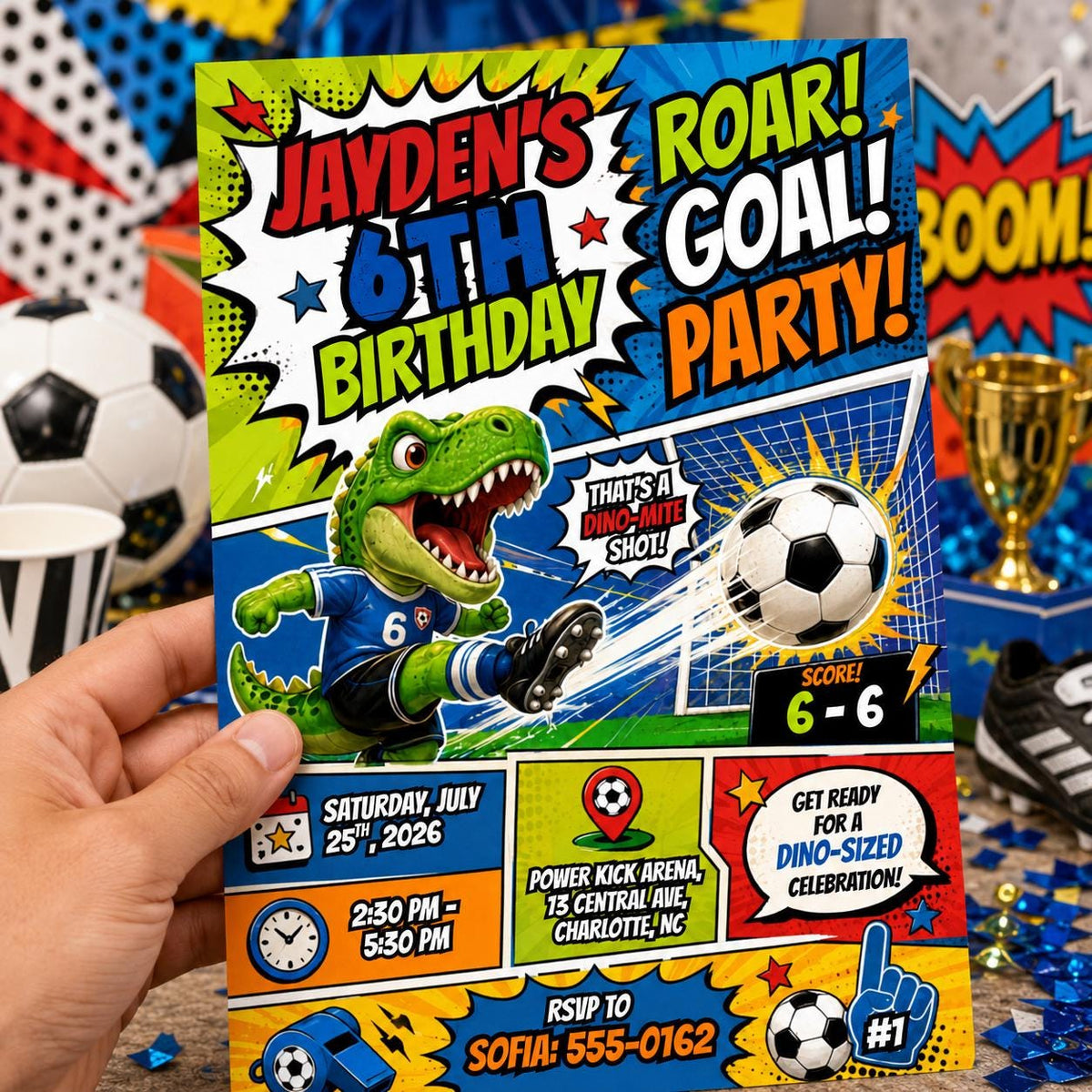 Comic Book Roar Goal Party 6th Birthday Invitation — digital invitation, instant download