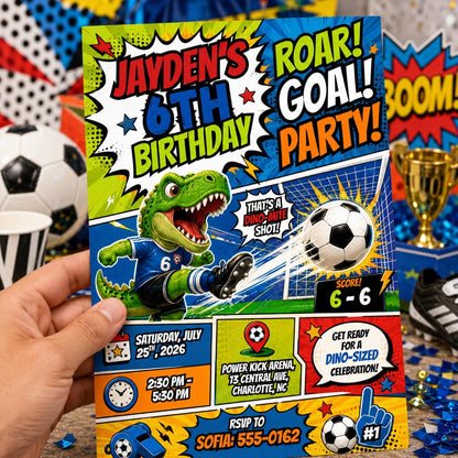 Comic Book Roar Goal Party 6th Birthday Invitation — digital invitation, instant download