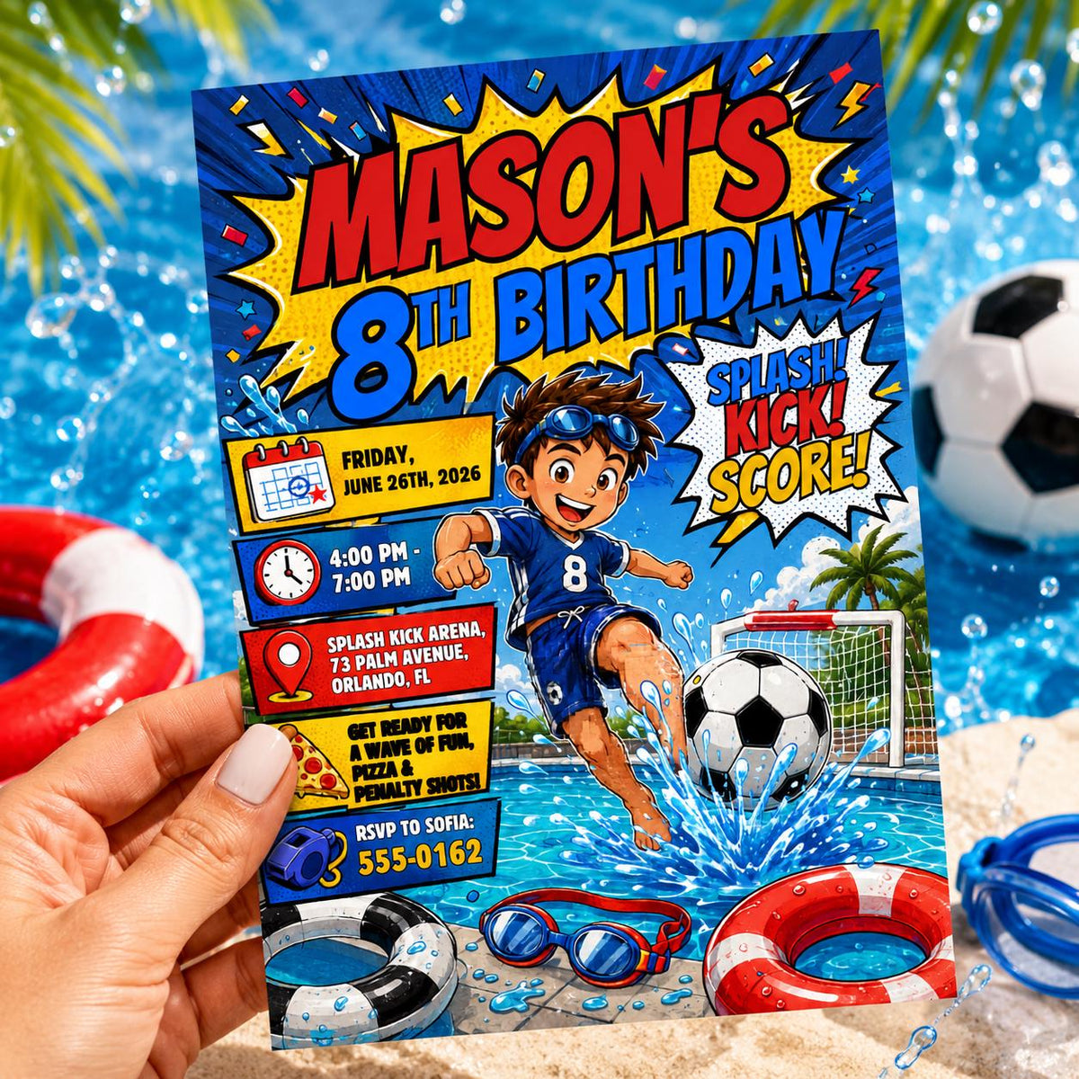 Comic Book Soccer Pool Party 8th Birthday Invitation for Boys — print-ready 8th birthday party design from VoltBy