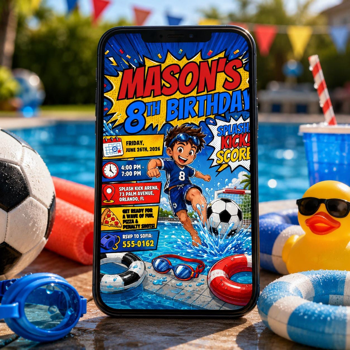 Comic Book Soccer Pool Party 8th Birthday Invitation for Boys — 8th birthday party stationery by VoltBy
