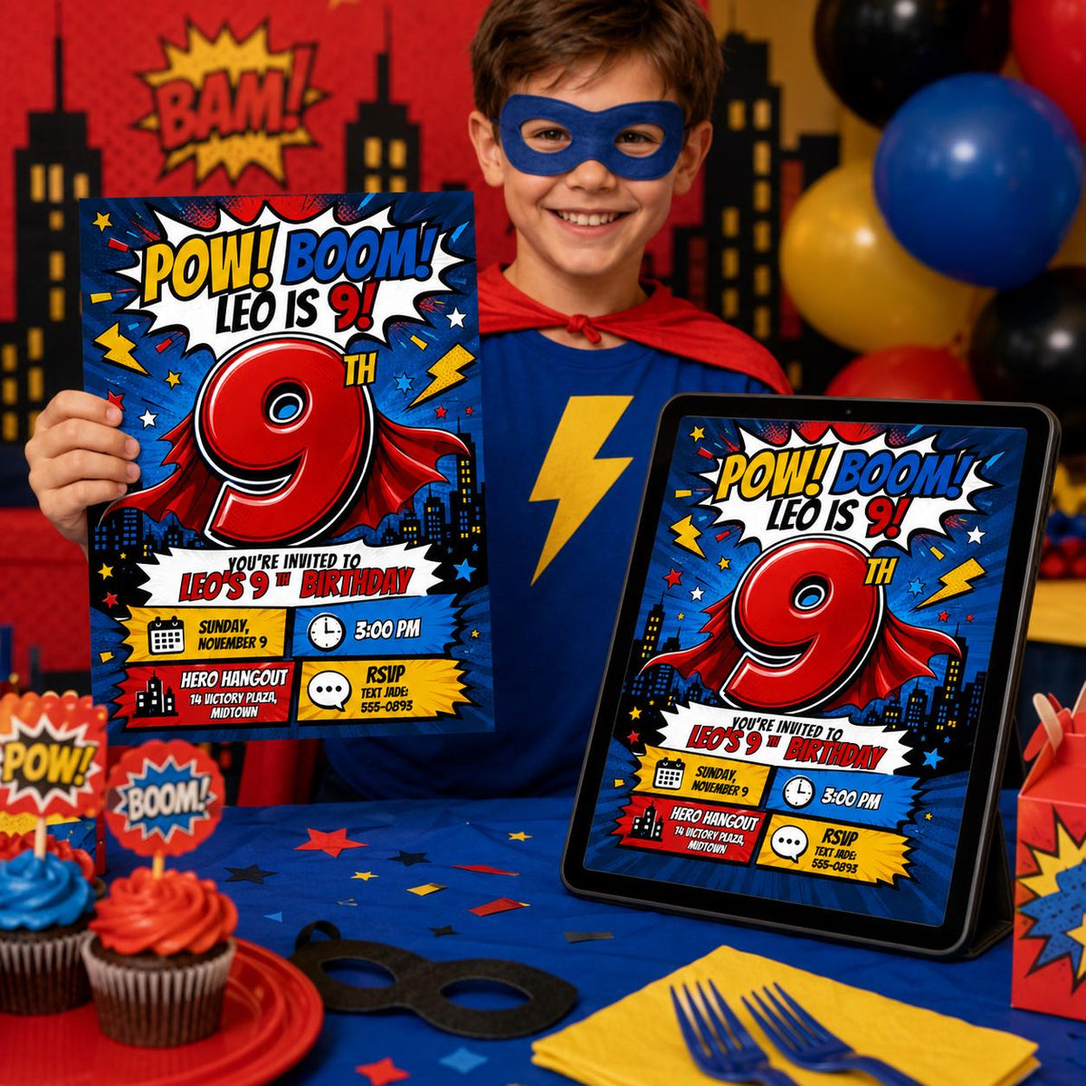 Comic Book Superhero 9th Birthday Invitation — invitation you personalize in Canva
