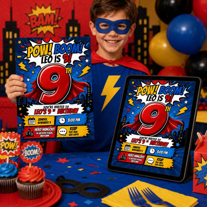 Comic Book Superhero 9th Birthday Invitation — invitation you personalize in Canva