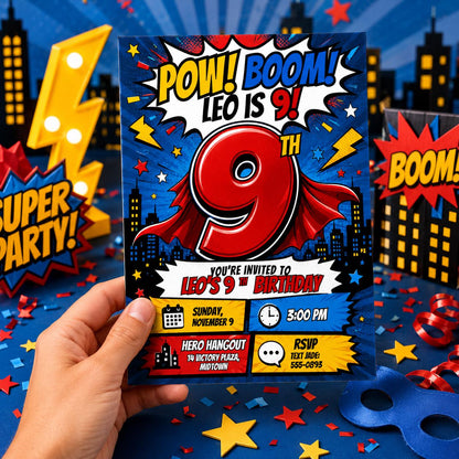 Comic Book Superhero 9th Birthday Invitation — print-ready 9th birthday party design from VoltBy