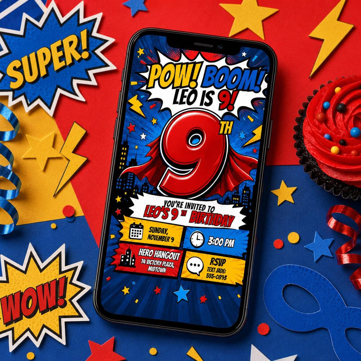 Comic Book Superhero 9th Birthday Invitation — digital invitation, instant download
