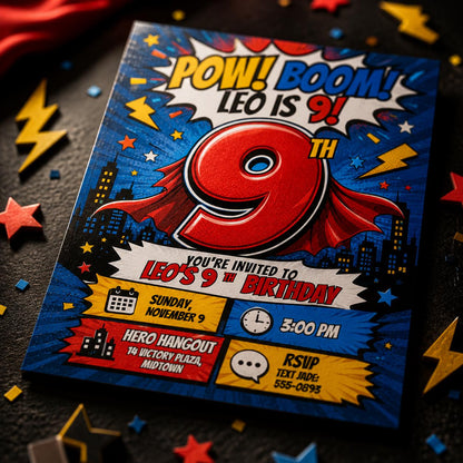 Comic Book Superhero 9th Birthday Invitation — 9th birthday party stationery by VoltBy
