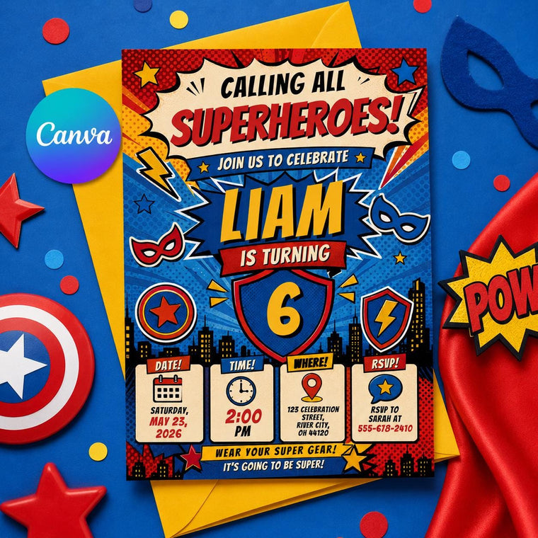 Comic Book Superhero Birthday Invitation for Boy
