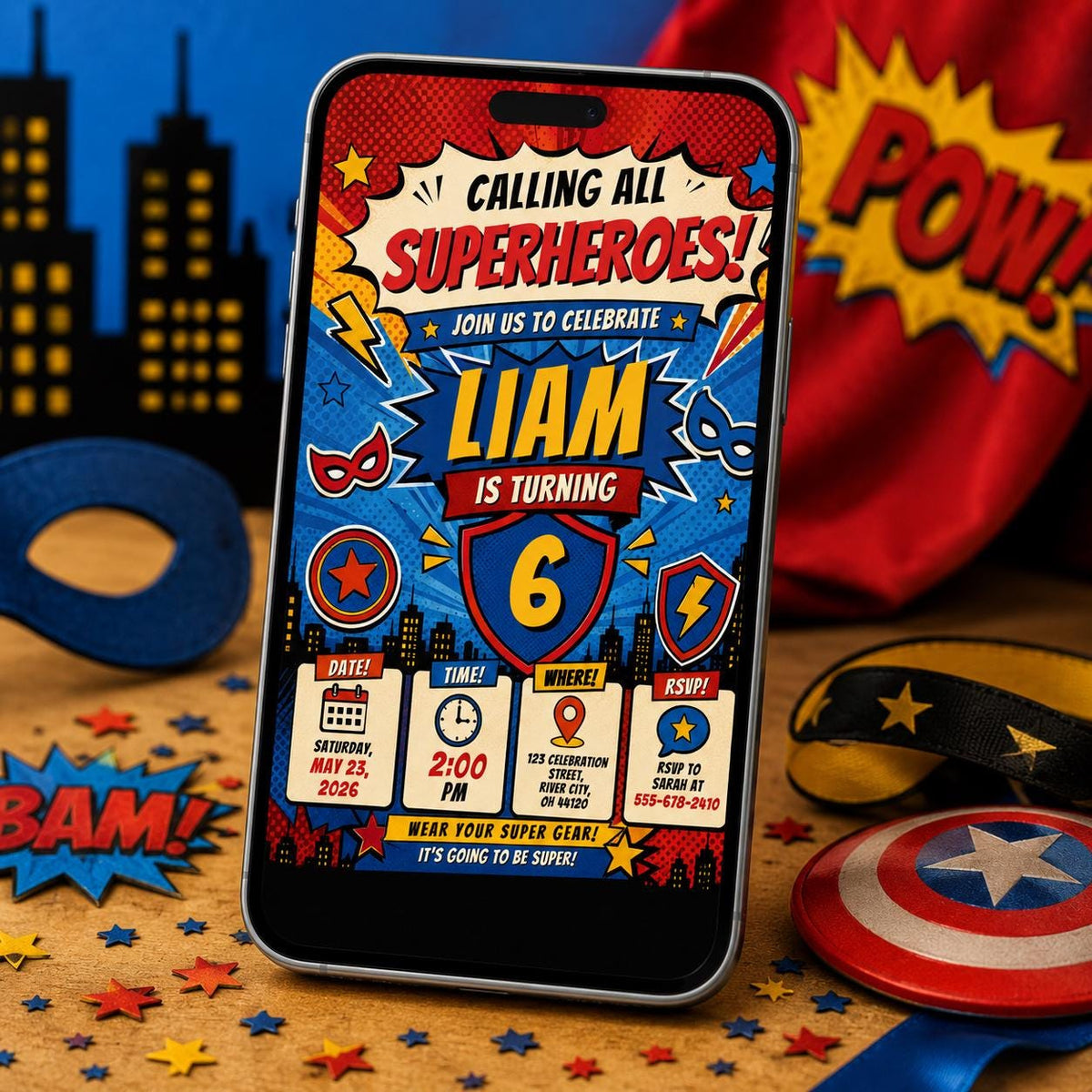 Comic Book Superhero Birthday Invitation for Boy — invitation you personalize in Canva