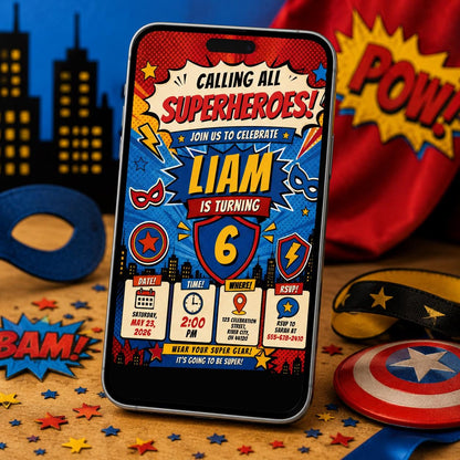 Comic Book Superhero Birthday Invitation for Boy — invitation you personalize in Canva