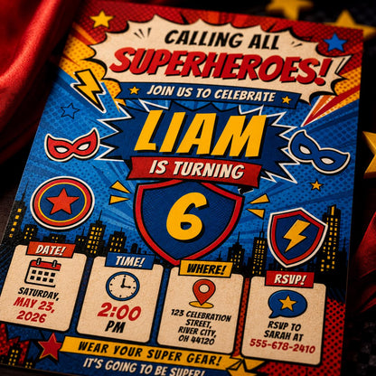 Comic Book Superhero Birthday Invitation for Boy — print-ready birthday party design from VoltBy