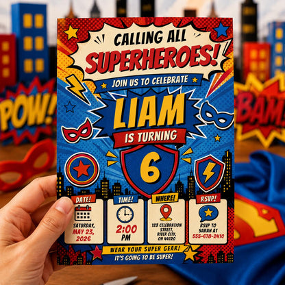 Comic Book Superhero Birthday Invitation for Boy — digital invitation, instant download