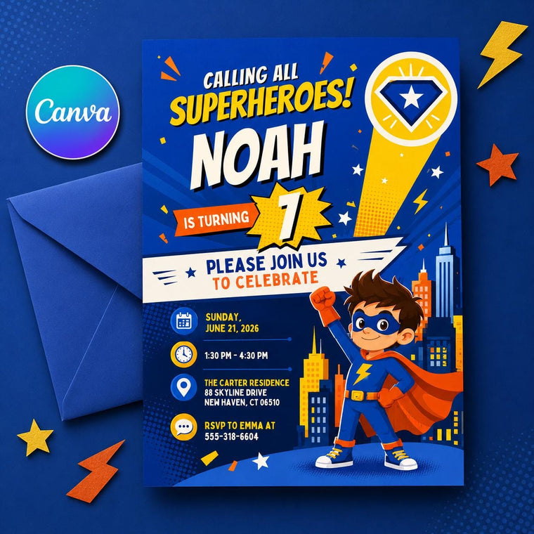 Comic Book Superhero Birthday Invitation: Superhero Birthday Card for Kids Fun