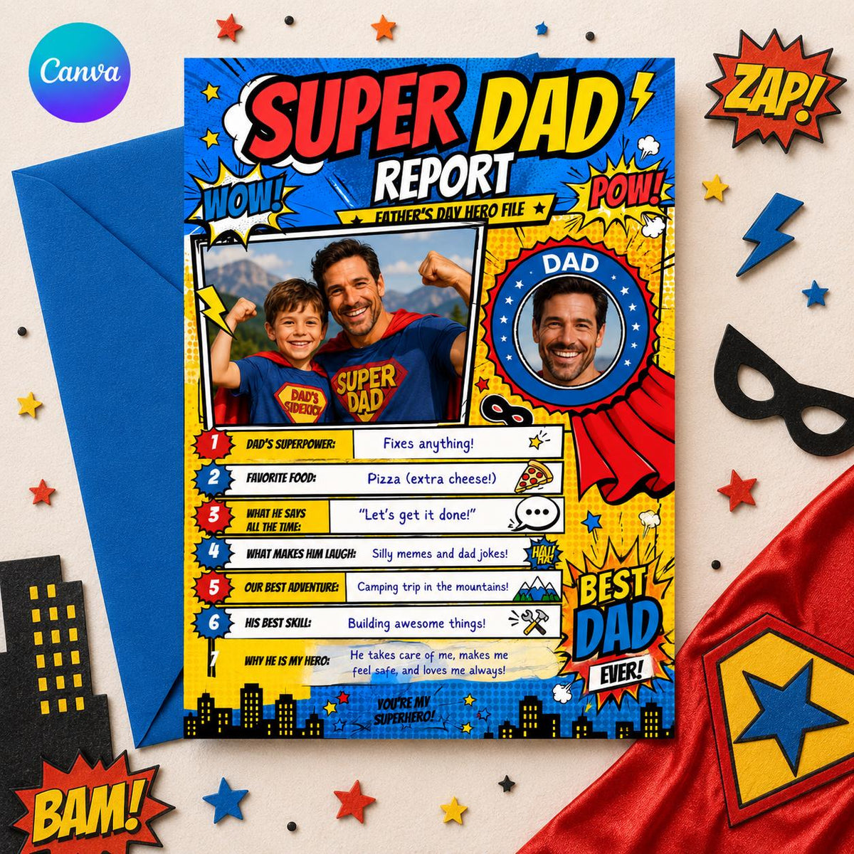 Comic Super Dad Father's Day Photo Worksheet — editable Canva template