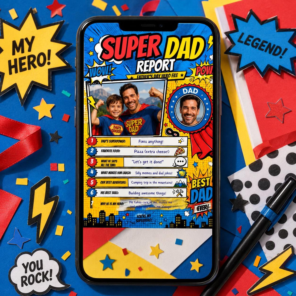 Comic Super Dad Father's Day Photo Worksheet in blue and red