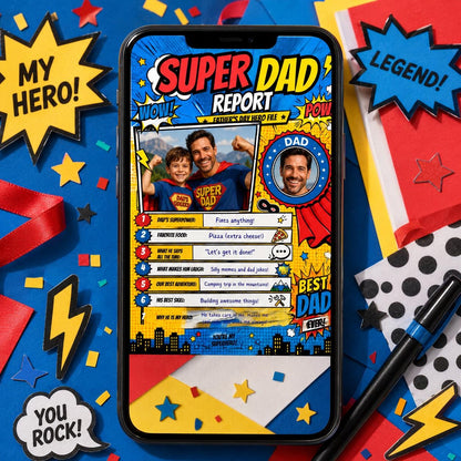 Comic Super Dad Father's Day Photo Worksheet in blue and red