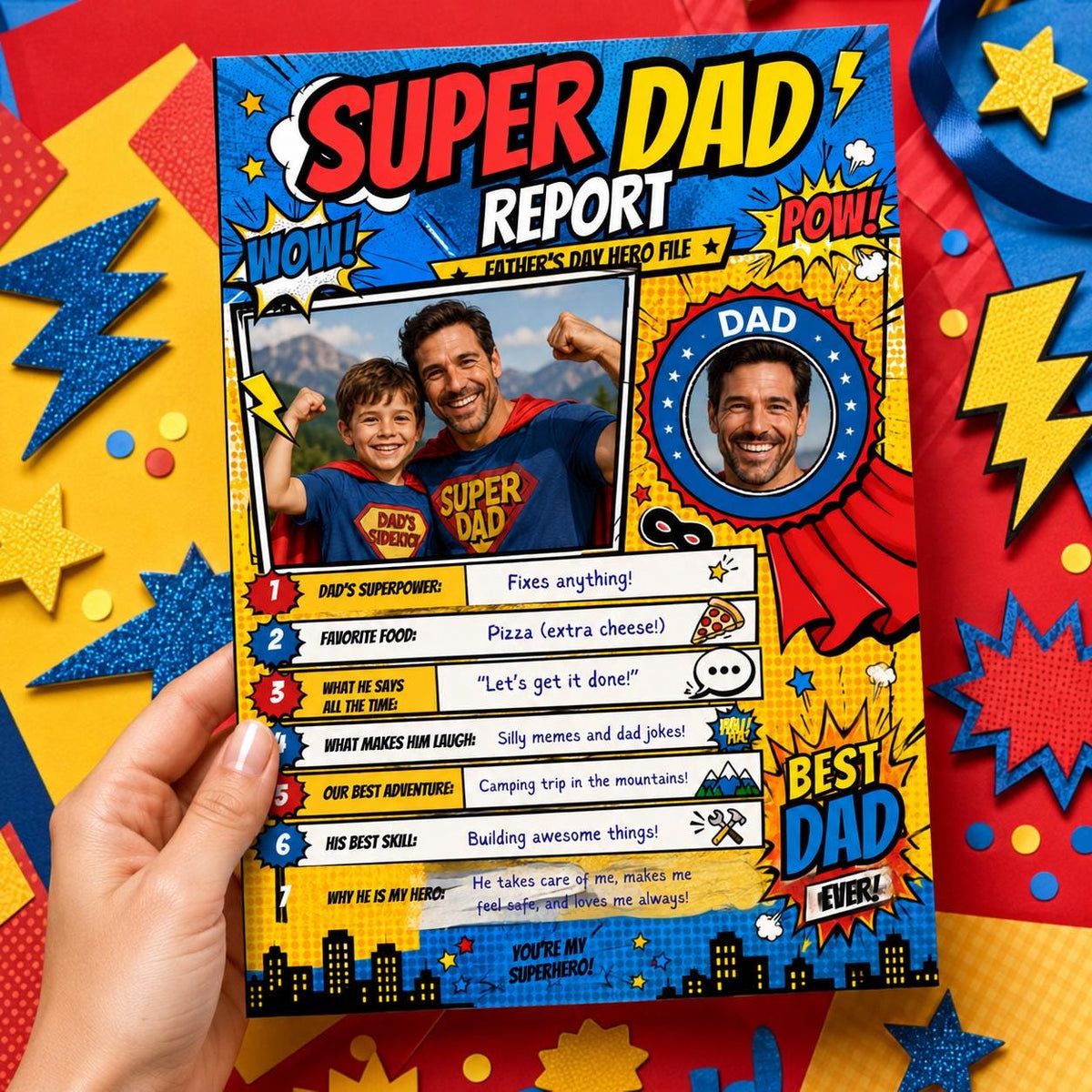 Comic Super Dad Father's Day Photo Worksheet — printable worksheet you personalize in Canva
