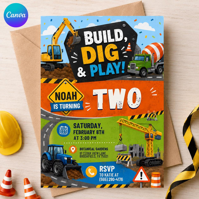 Construction 2nd Birthday Invitation: Build Dig and Play Truck Party for Boys