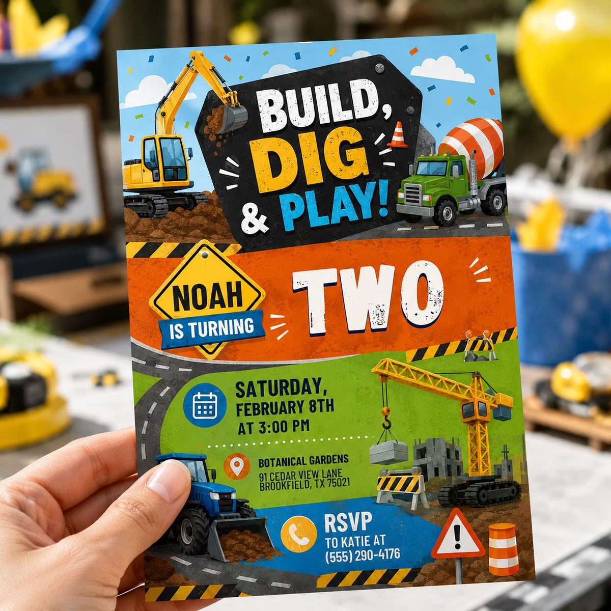 Construction 2nd Birthday Invitation: Build Dig and Play Truck Party for Boys — invitation you personalize in Canva