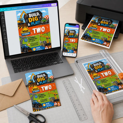 Construction 2nd Birthday Invitation: Build Dig and Play Truck Party for Boys — print-ready 2nd birthday party design
