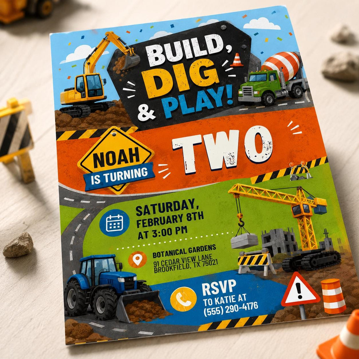 Construction 2nd Birthday Invitation: Build Dig and Play Truck Party for Boys — digital invitation, instant download