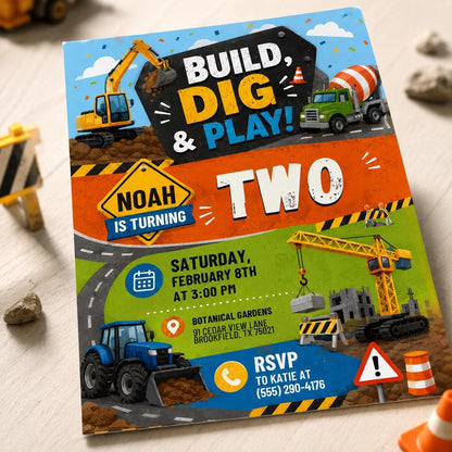 Construction 2nd Birthday Invitation: Build Dig and Play Truck Party for Boys — digital invitation, instant download