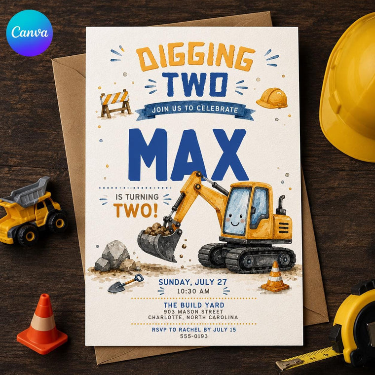 Construction 2nd Birthday Invitation: Digging Two 2nd Birthday Party