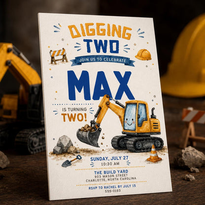 Construction 2nd Birthday Invitation: Digging Two 2nd Birthday Party — 2nd birthday party stationery by VoltBy