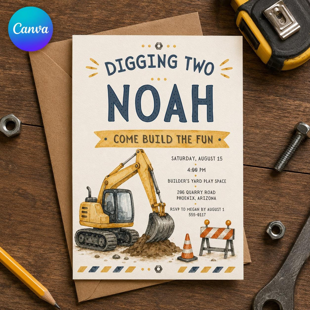 Construction 2nd Birthday Invitation: Digging Two Excavator Party — editable Canva template