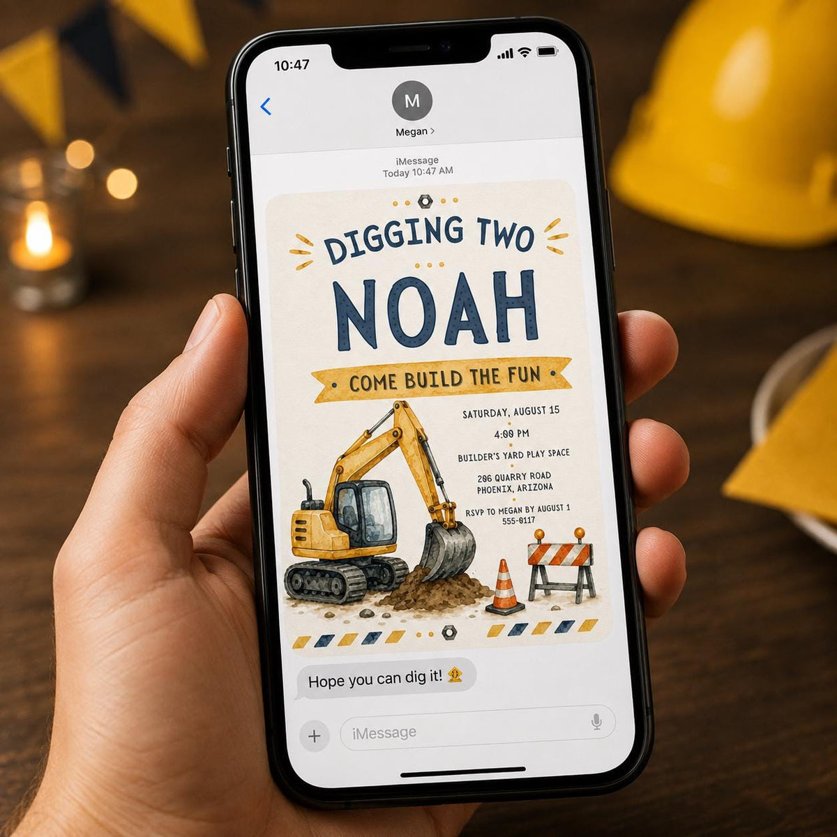 Construction 2nd Birthday Invitation: Digging Two Excavator Party — invitation you personalize in Canva