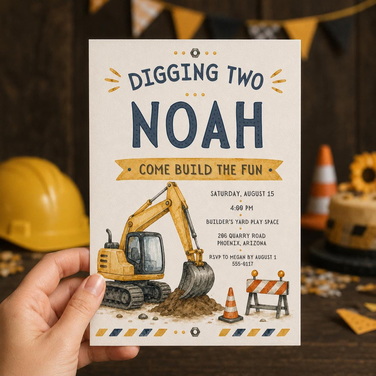 Construction 2nd Birthday Invitation: Digging Two Excavator Party — print-ready 2nd birthday party design from VoltBy