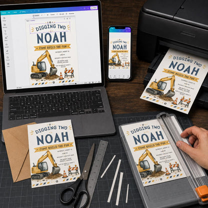 Construction 2nd Birthday Invitation: Digging Two Excavator Party — digital invitation, instant download