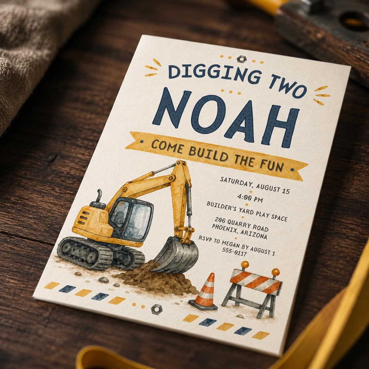 Construction 2nd Birthday Invitation: Digging Two Excavator Party — 2nd birthday party stationery by VoltBy