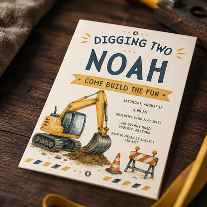 Construction 2nd Birthday Invitation: Digging Two Excavator Party — 2nd birthday party stationery by VoltBy
