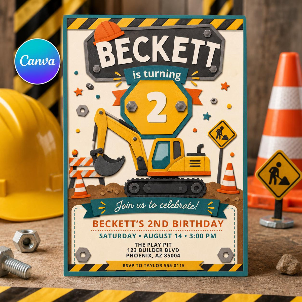 Construction 2nd Birthday Invitation: Excavator Digger 2nd Birthday — editable Canva template