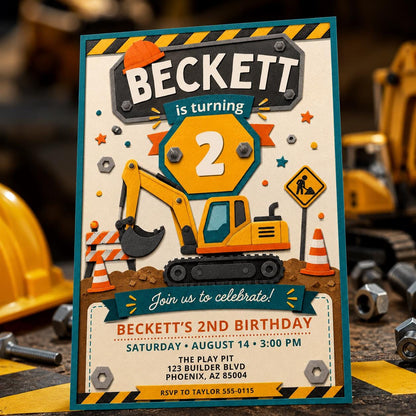 Construction 2nd Birthday Invitation: Excavator Digger 2nd Birthday — invitation you personalize in Canva