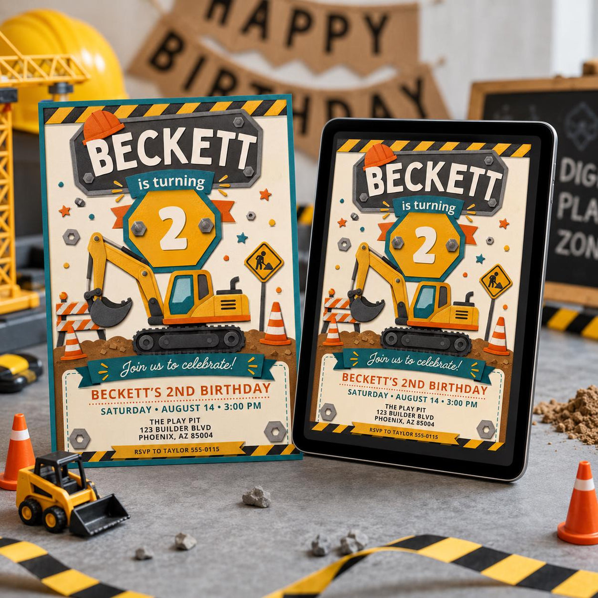 Construction 2nd Birthday Invitation: Excavator Digger 2nd Birthday — print-ready 2nd birthday party design from VoltBy