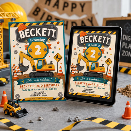 Construction 2nd Birthday Invitation: Excavator Digger 2nd Birthday — print-ready 2nd birthday party design from VoltBy