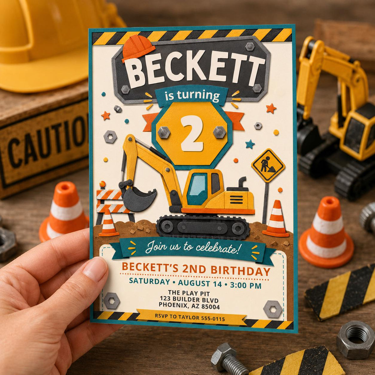 Construction 2nd Birthday Invitation: Excavator Digger 2nd Birthday — digital invitation, instant download