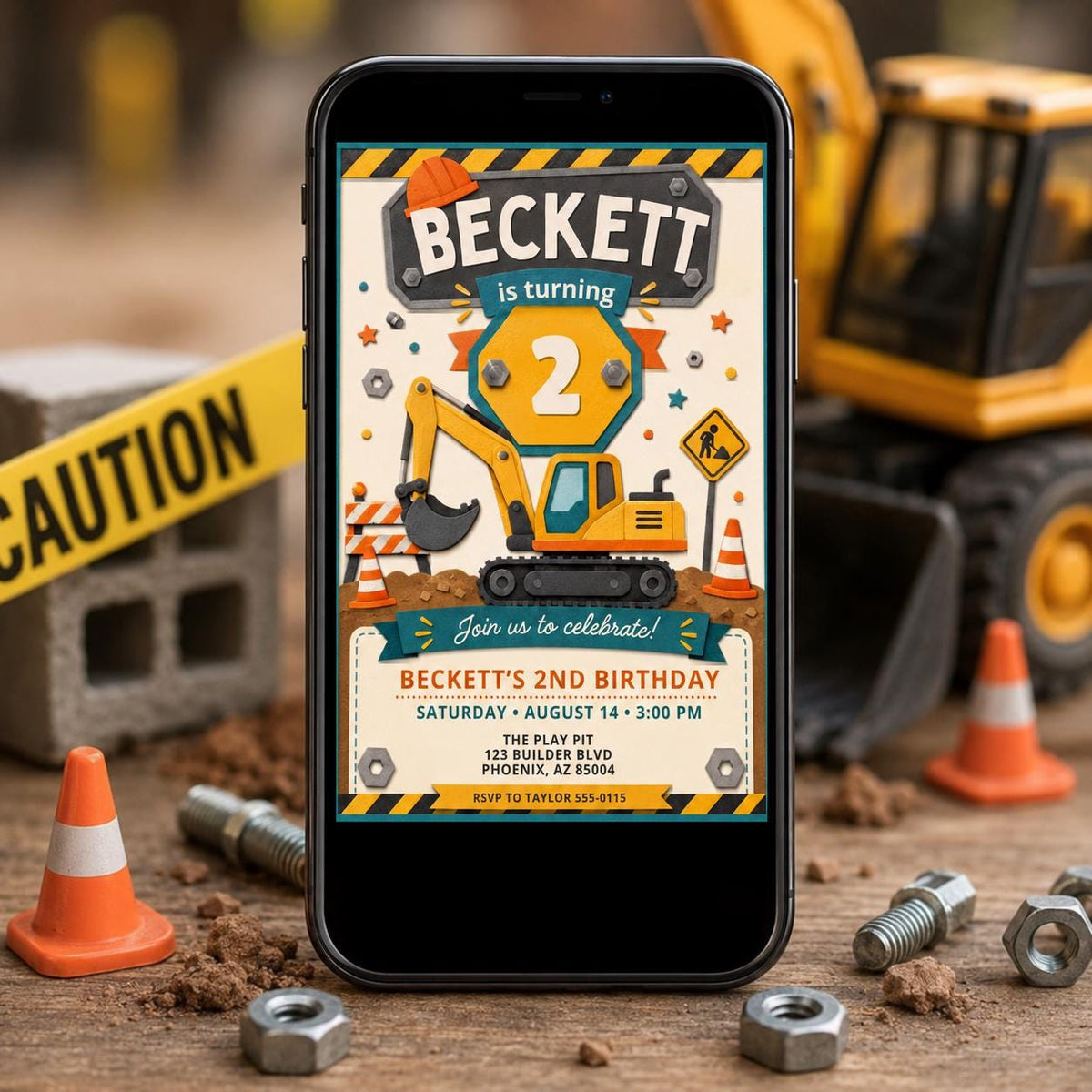 Construction 2nd Birthday Invitation: Excavator Digger 2nd Birthday — 2nd birthday party stationery by VoltBy
