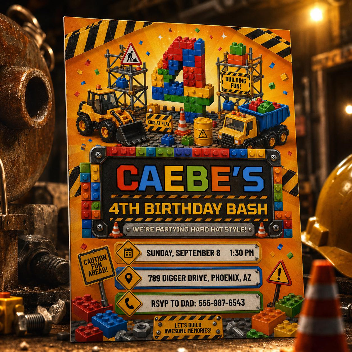 Construction Block Party 4th Birthday Invitation for Boys — building blocks and construction design for a 4th birthday party