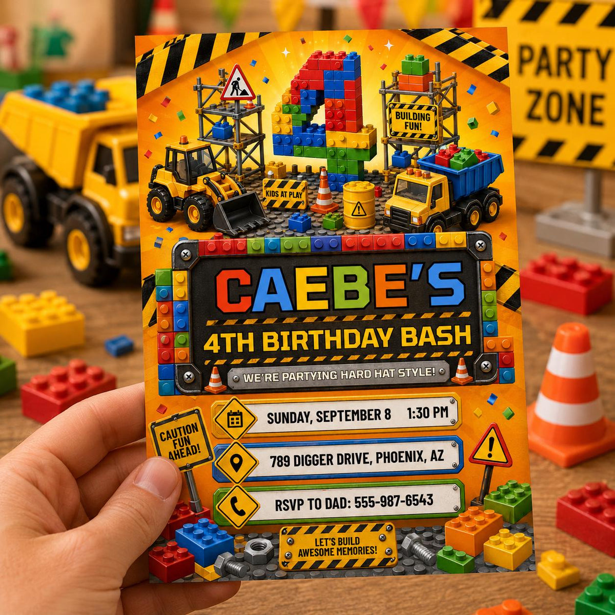 Construction Block Party 4th Birthday Invitation for Boys in yellow and orange