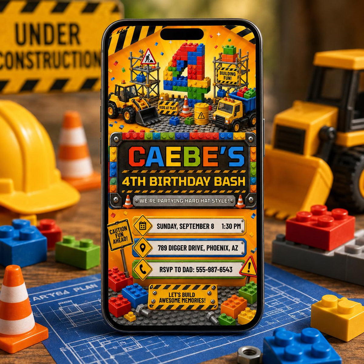 Construction Block Party 4th Birthday Invitation for Boys — editable Canva template for a 4th birthday party