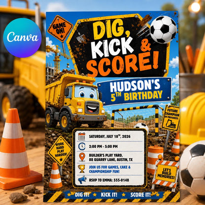 Construction Dig Kick And Score 5th Birthday Invitation for Boys — editable Canva template