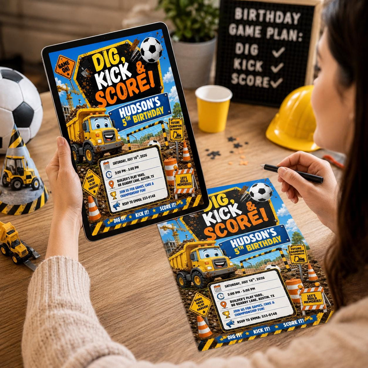 Construction Dig Kick And Score 5th Birthday Invitation for Boys — soccer design