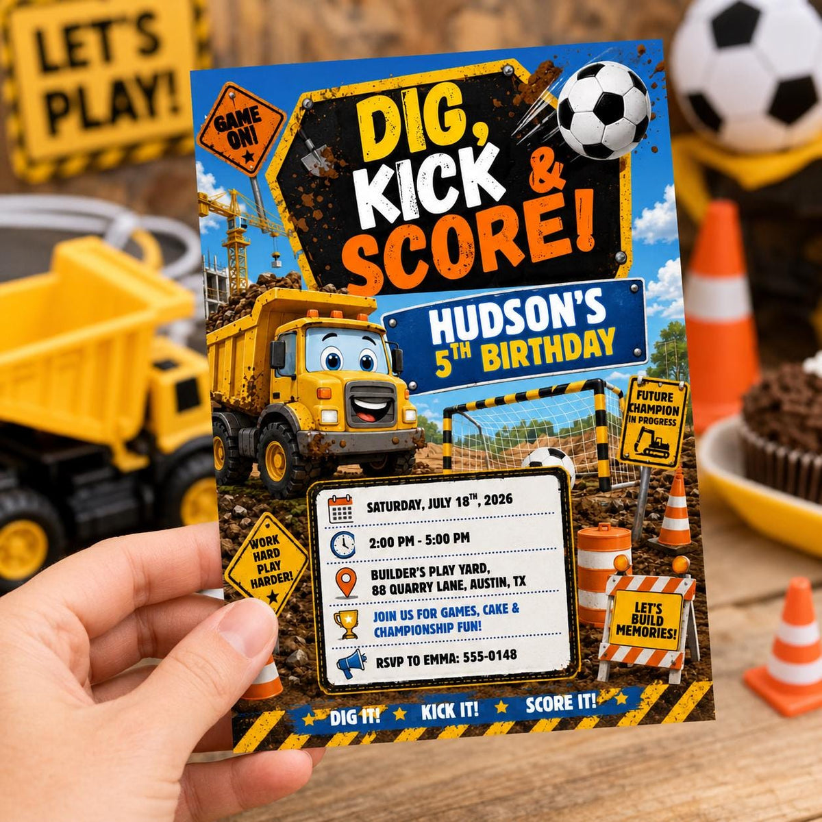 Construction Dig Kick And Score 5th Birthday Invitation for Boys — invitation you personalize in Canva