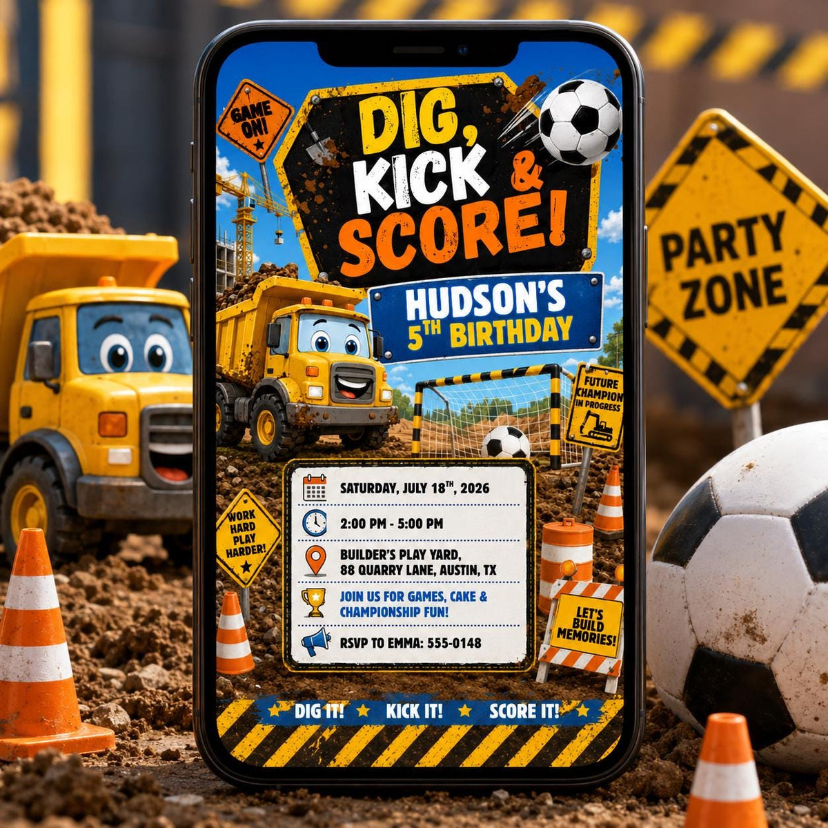 Construction Dig Kick And Score 5th Birthday Invitation for Boys — print-ready 5th birthday party design from VoltBy