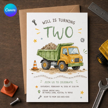 Construction Dump Truck 2nd Birthday Invitation for Boys — editable Canva template