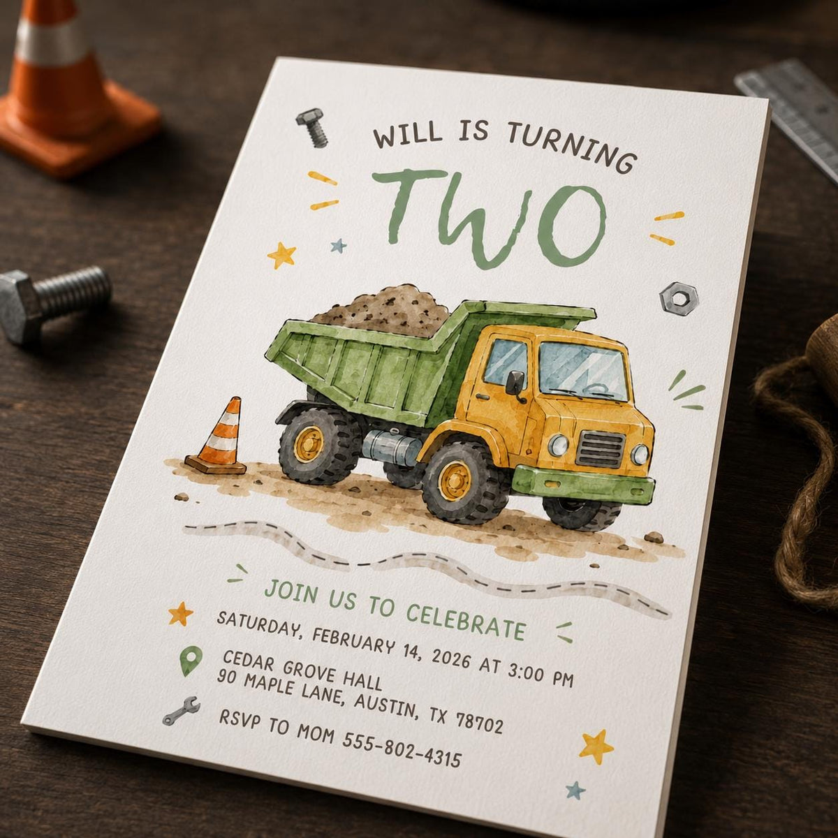 Construction Dump Truck 2nd Birthday Invitation for Boys — digital invitation, instant download